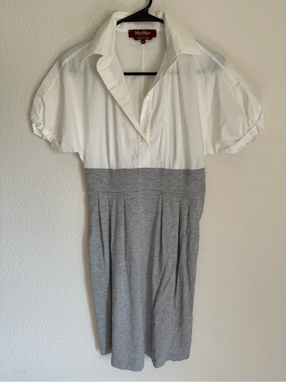 Max Mara Studio Italy Shirt Dress White Gray Collared Size 38